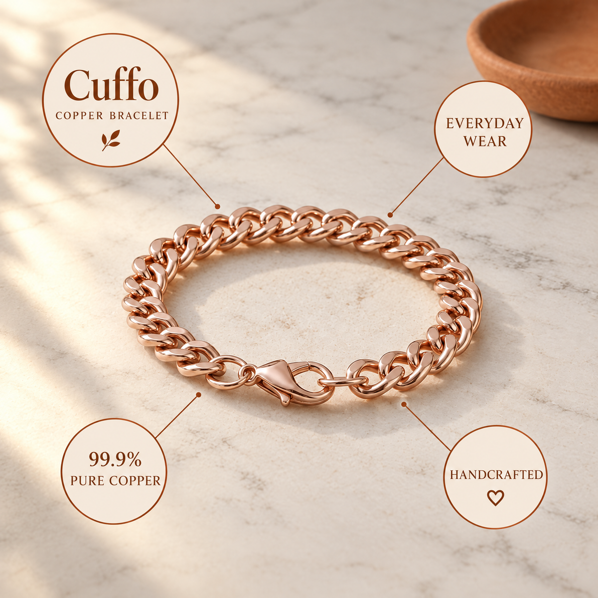 June's Cuffo Copper Bracelet – pure copper bracelet on a warm neutral background - photo 5