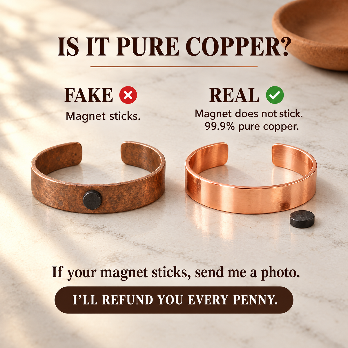 June's Lunar Copper Bracelet – pure copper bracelet on a warm neutral background - photo 3