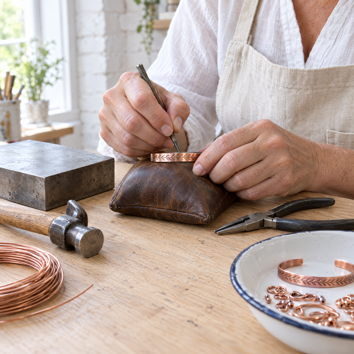 June's Lunar Copper Bracelet – pure copper bracelet on a warm neutral background - photo 4