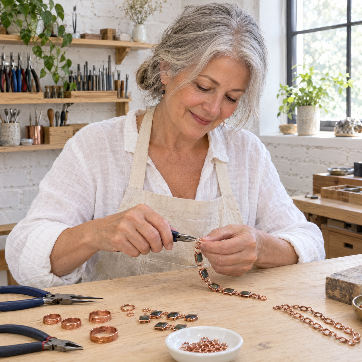 June's Salvia Big Copper Bracelet – pure copper bracelet on a warm neutral background - photo 5