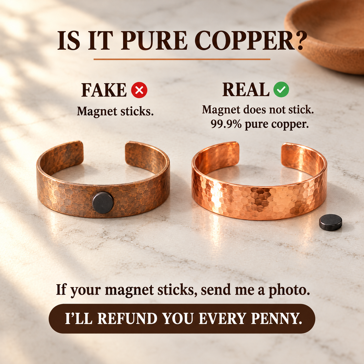 June's Lodestone Copper Bracelet – pure copper bracelet on a warm neutral background - photo 3