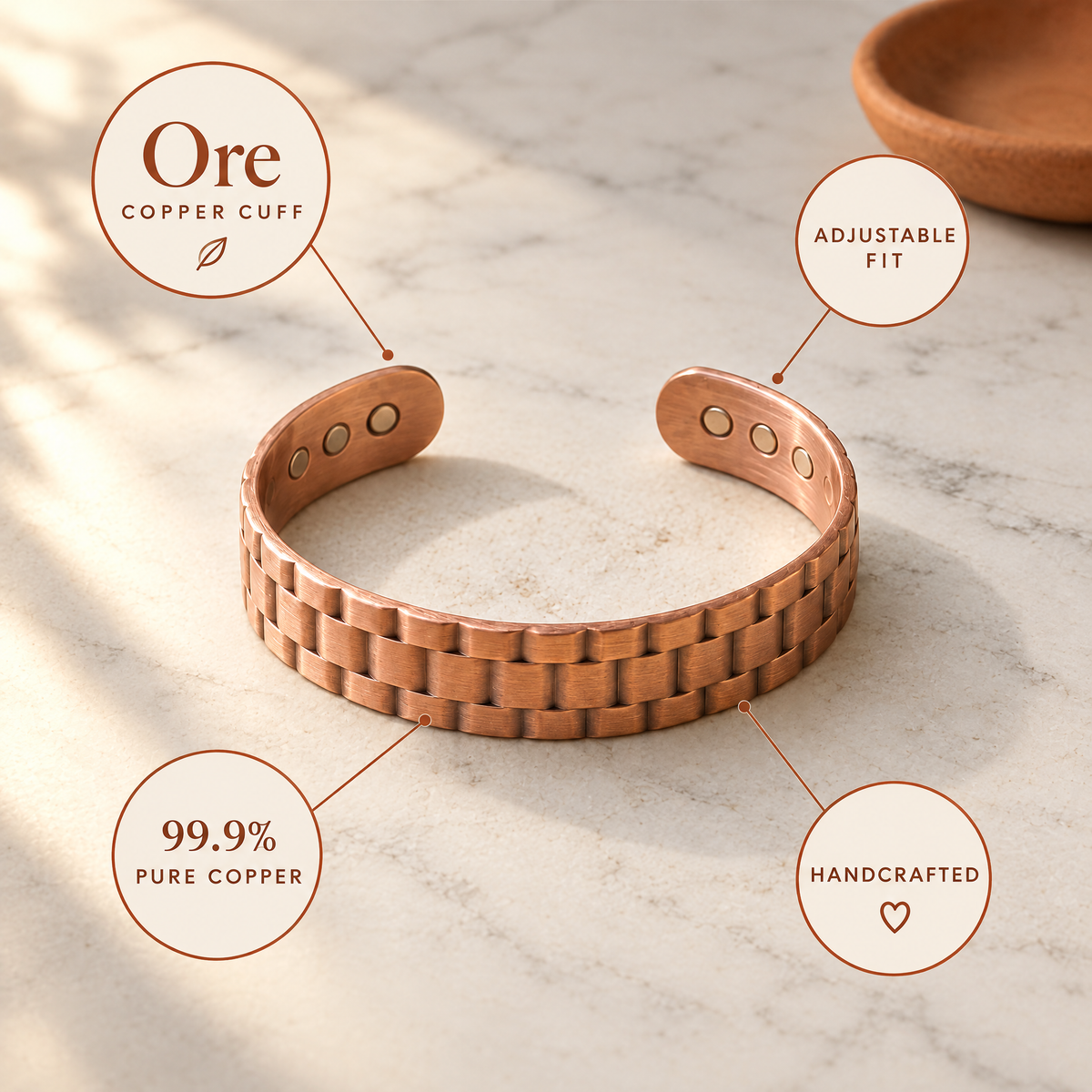June's Ore Men's Copper Bracelet – pure copper bracelet on a warm neutral background - photo 5