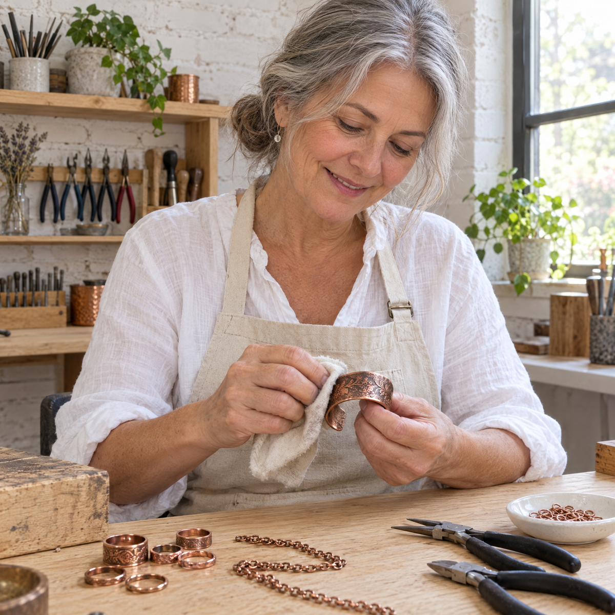 June's Sprig Copper Bracelet – pure copper bracelet on a warm neutral background - photo 5