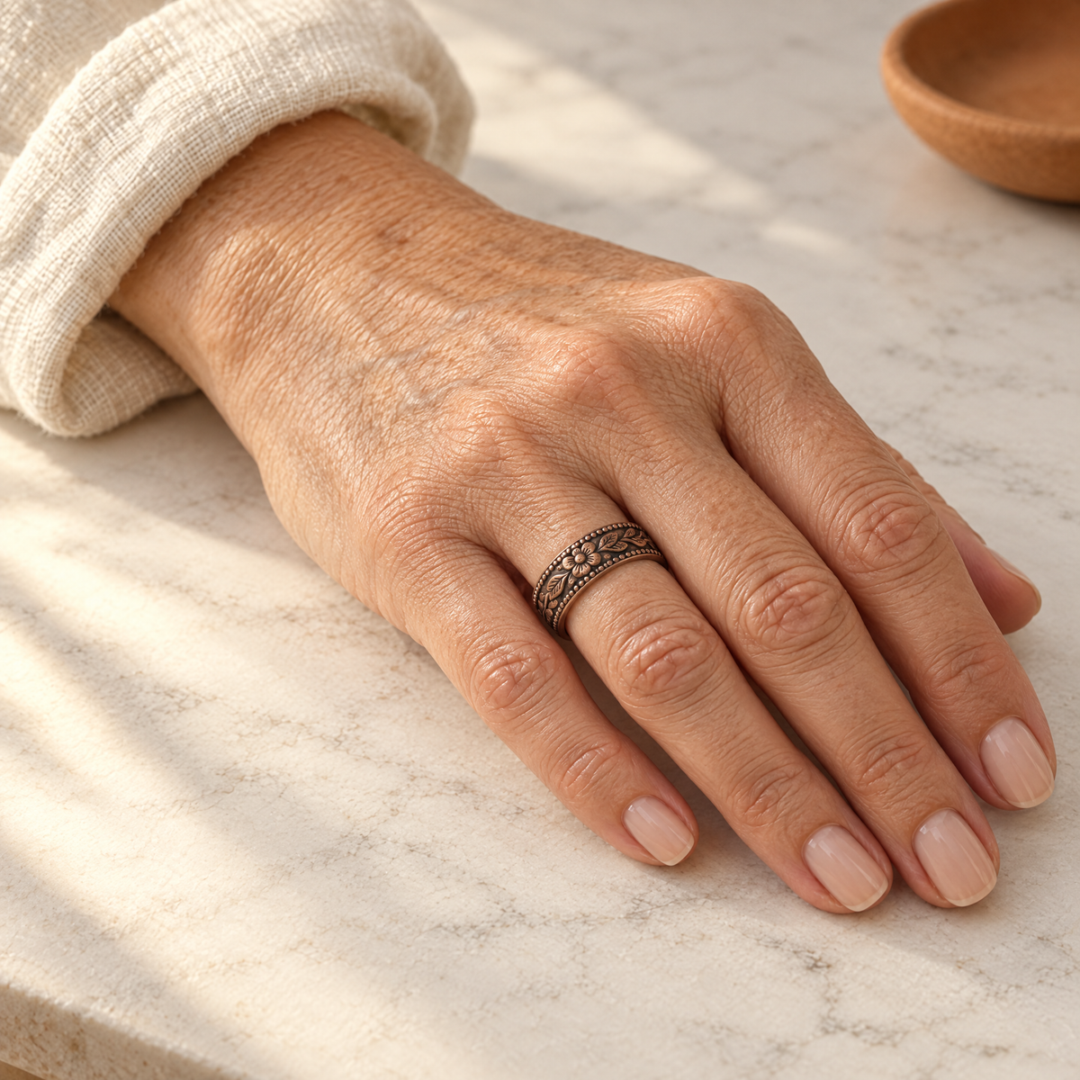 June's Petal Copper Ring – pure copper ring on a warm neutral background - photo 2